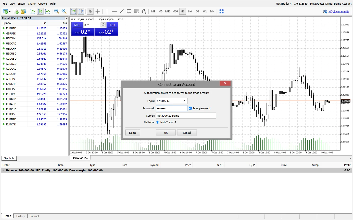 The connect dialog of the MetaTrader web terminal